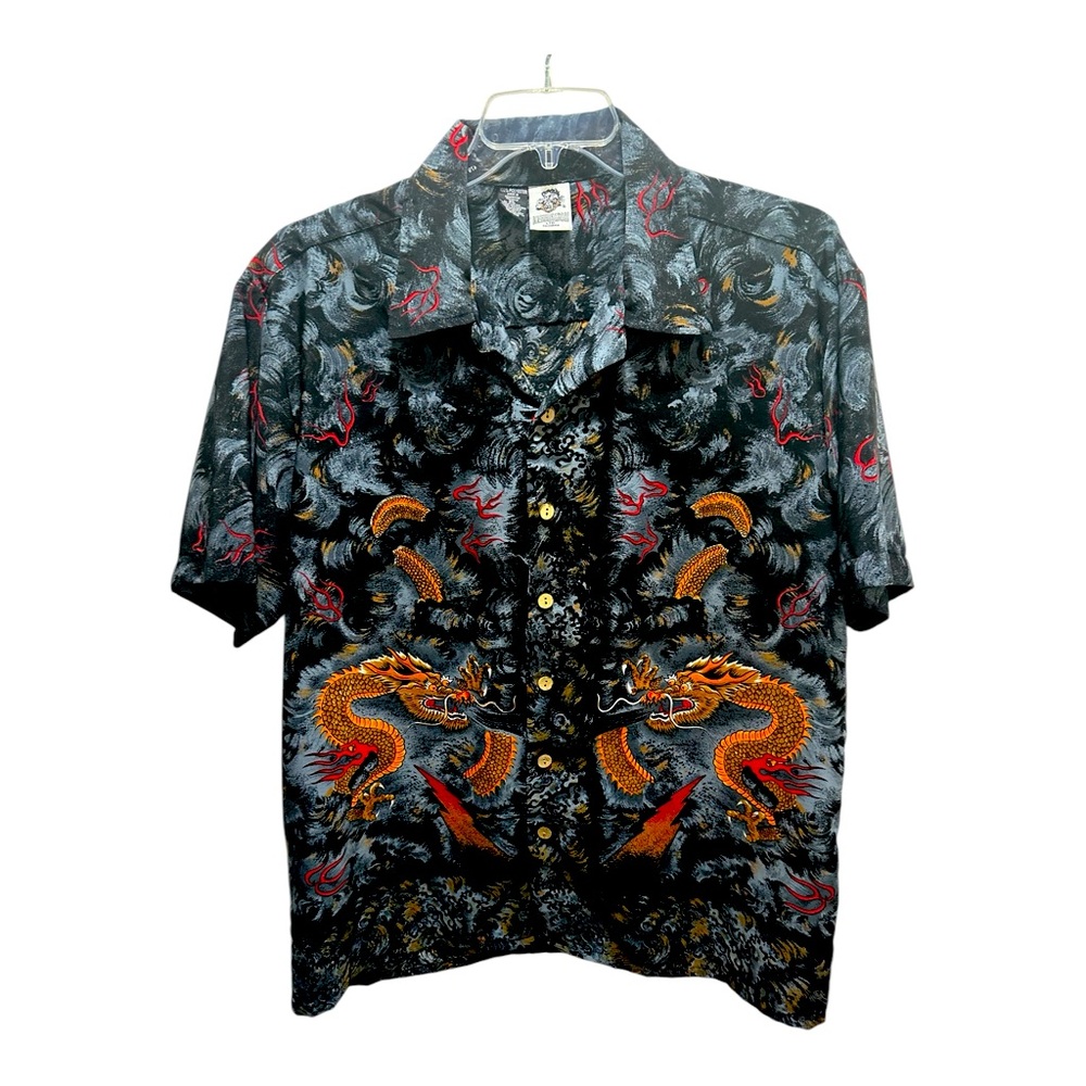 Kennington Men's Button Shirt Black Dragon Hawaiian Short Sleeve XL Vint…